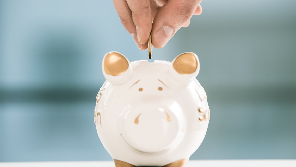 OVB Holding Sparschwein in das zum Vermögensaufbau eine Münze gesteckt wird